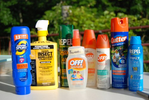 Toiletries: bug spray and sunscreen.for travelling in Thailand